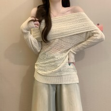 批发实拍实价 早秋新款纯欲一字肩麻花天丝亚麻显瘦<b class='q'>镂空</b>长袖针织毛衣