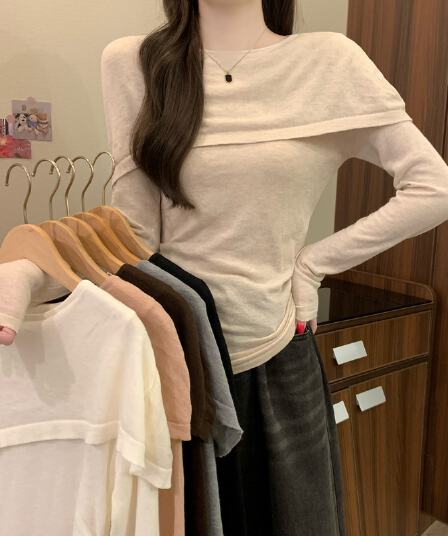실사 정가 이른 가을 새로운 한국 스타일 패션 작은 대중 비스듬한 칼라 허리 수축 다용도 캐주얼 품격 슬림해 보이는 니트 스웨터
