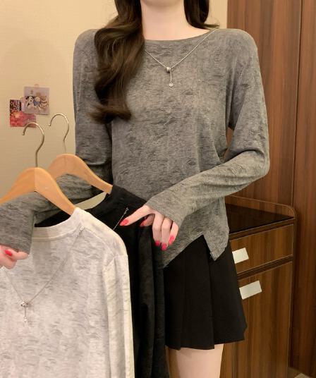 실사 정가 이른 가을 새로운 프랑스식 디자인 센스 불규칙 라운드 넥 긴팔 홀치기 염색 몸매 가꾸기 슬림해 보이는 다용도 맨위