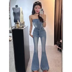 批发牛仔<b class='q'>抹胸</b><b class='q'>连体裤女</b>夏季新款韩版小众设计感高腰显瘦气质连衣喇叭裤