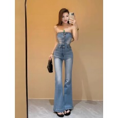 批发韩版时尚气质<b class='q'>抹胸</b>牛仔<b class='q'>连体裤女</b>夏季新款设计感高腰显瘦喇叭连衣裤