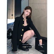 批发FanyFloss小香风<b class='q'>白色</b>粗花呢圆领显瘦西装外套女金扣羊毛短款开衫