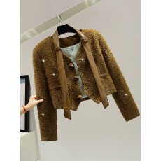 批发重工花朵亮片V领长袖<b class='q'>小西装</b>2025秋冬高腰短款PU皮拼接毛呢外套潮