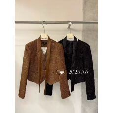 批发小香风V领粗花呢西装短外套女秋冬2025新款韩版休闲飘带羽绒棉服