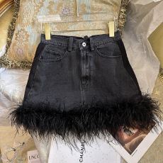 批发miu家新款鸵鸟毛黑牛仔拼接半裙23早春A字迷你时尚百搭半身裙短裙