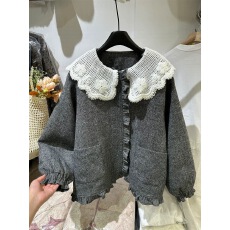 批发设计感蕾丝娃娃领灰色毛呢羽绒服女2025冬季新款<b class='q'>甜美</b>加厚保暖外套