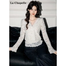 批发法式提花刺绣V领长袖蕾丝<b class='q'>衬衫</b>女喇叭袖<b class='q'>衬衣</b>修身短款上衣