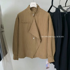 批发Y.JIA 伊嘉 艺术系韩女解构设计仿铜氨设计感立领条纹衬衫