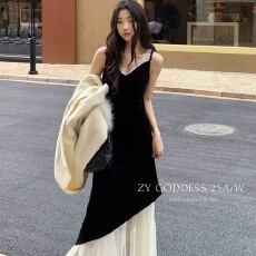 批发ZY GODDESS-V领丝绒拼接网纱蕾丝<b class='q'>吊带</b>裙<b class='q'>连衣裙</b>(飘逸仙女裙)