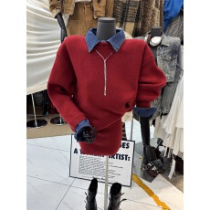 批发韩系新款小个子穿搭<b class='q'>套装</b>学院风假两件<b class='q'>牛仔</b>衬衫领毛衣短裙两件套女