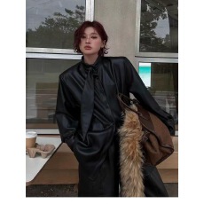 批发皮衣外套女2025新款酷飒风黑色衬衫女高级感轻奢洋气垫肩上衣