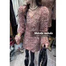 批发欧式中长款上衣亮片流苏宽松大板毛毛外搭V领毛衣裙子秋冬打底衫i