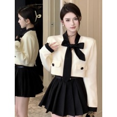 批发2025秋季新款法式高级感蝴蝶结撞色<b class='q'>西装外套</b>高腰百褶裙裤两件套<b class='q'>女</b>