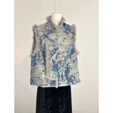 批发蓝色减龄洋气新中式真毛<b class='q'>兔毛</b>马甲女秋冬夹棉外穿加厚坎肩保暖上衣