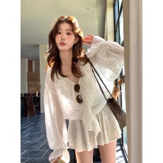 批发THE LEMON十三行女装早春温柔宽松波点印花荷叶边<b class='q'>雪纺</b>收腰<b class='q'>连衣裙</b>