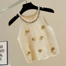 批发2025夏季新款个性时尚重工镶钻金色亮片<b class='q'>花朵</b>波浪纹挂脖针织背心女