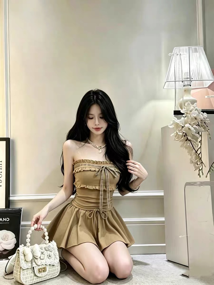 섹시함 핫걸 순수한 욕망 바람 체크무늬 나비 매듭 스트랩 프릴 튜브탑 맨위 허리밴드 레이스업 미니 스커트 세트