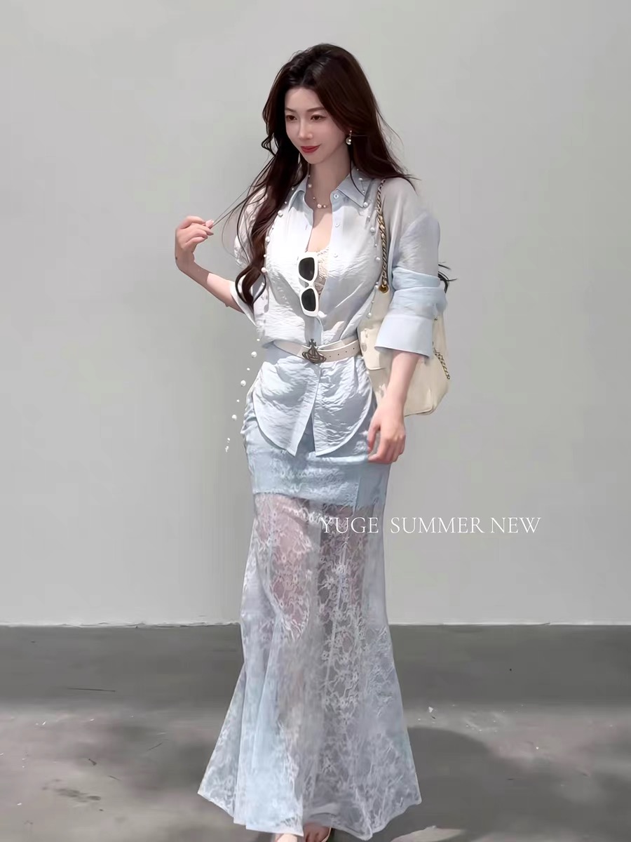 2026 년 여름 휴가 객실 한 부서 착용 가져 가라. 전체 집합 여성 의류 새로운 자외선 차단 셔츠 레이스 조각 반 스커트