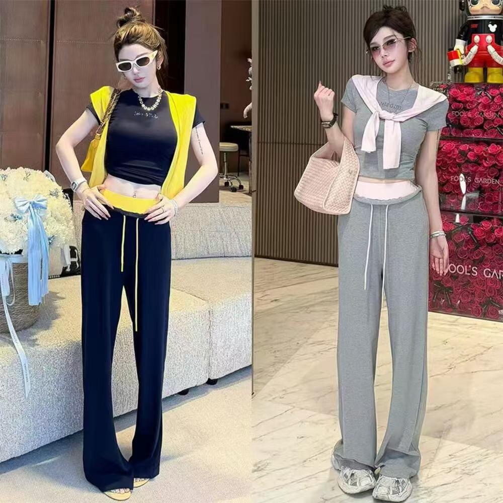 여름 드레스 ootd 착용 가져 가라. 전체 집합 한 부서 자이언트 잘 생긴 패션 캐주얼 숄 반팔 티셔츠 긴 바지 세 조각 세트