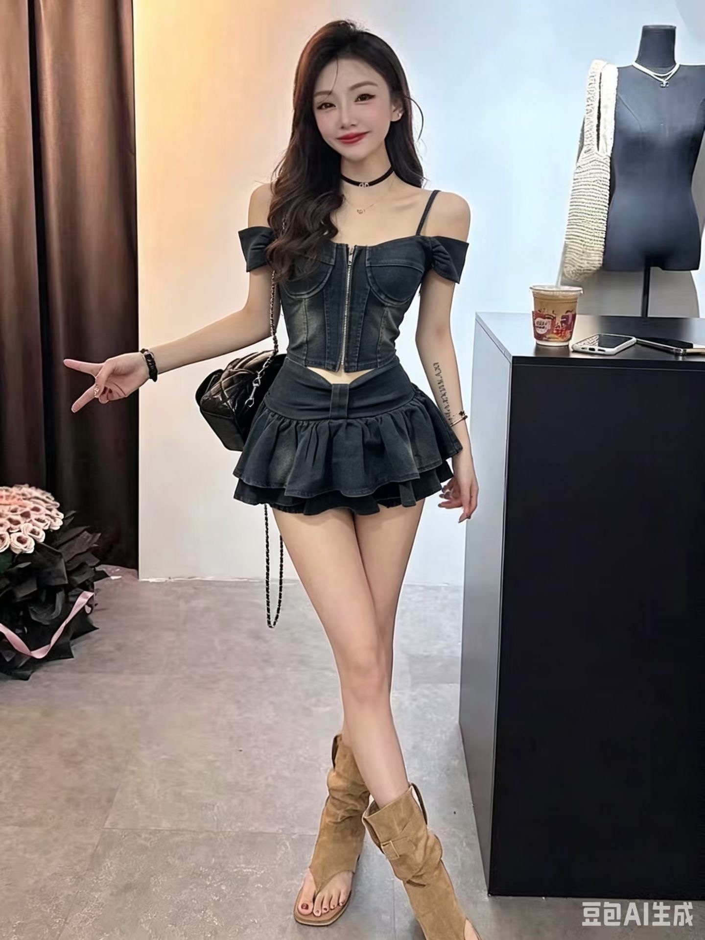 핫걸 데님 세트 여성 여름 새로운 한국 스타일 섹시함 순수한 욕망 오프숄더 맨위 하이웨이스트 플리츠 미니 스커트