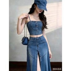 批发法式复古时尚洋气时髦高级感蓝色单排扣<b class='q'>开叉</b>修身吊带牛仔<b class='q'>连衣裙</b>女