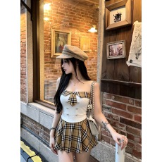 纯欲学院风套装裙女甜辣妹减龄显瘦领带抹胸上衣+格纹短裙两件套