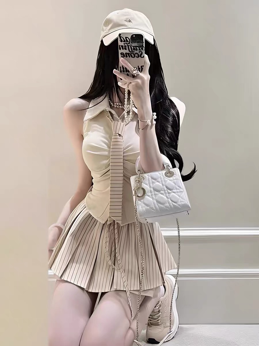 연령 감소 학원 스타일 POLO 칼라 스트라이프 넥타이 꼬집기 허리 주름 민소매 조끼 하이웨이스트 레이스업 반신 스커트 투피스 세트