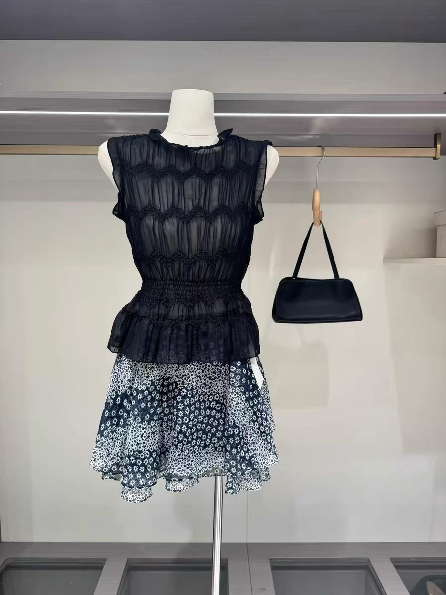 여름 패션 펌프 Pleat 허리 수축 조끼 작은 셔츠 맨위 꽃 한 마디 반신 스커트 투피스 슈트 여성 ins