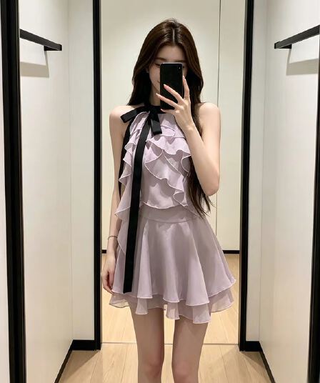 웨이브 새틴 얼음 포도 바이올렛 배색 프릴 나비 매듭 맨위 반신 스커트 투피스 슈트
