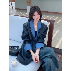 批发设计感拼色皮衣西装外套女<b class='q'>春</b>秋独特超好看高级感炸街休闲pu皮西服