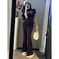 批发韩版时尚套装女高级感显瘦半高领收腰<b class='q'>短袖</b><b class='q'>上衣</b>+屁帘微喇裤两件套