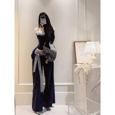 批发【淡颜叠穿】辣妹假两件格纹吊带拼接修身长袖T恤高腰<b class='q'>显瘦</b>阔腿<b class='q'>裤</b>