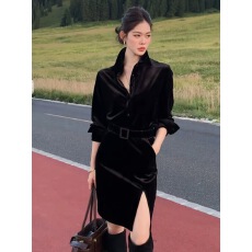 批发高级感御姐风黑色连衣裙女2026年秋季新款长袖收腰开衩轻奢质感裙
