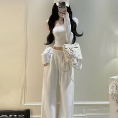 批发<b class='q'>欧美</b>风性感斜肩长袖T恤上衣女早春2026新款松紧腰阔腿<b class='q'>裤</b><b class='q'>两件套装</b>