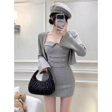 批发【柏林晚报】纯欲拿破仑两件套女秋季修身气质<b class='q'>抹胸</b><b class='q'>连衣裙</b>开衫外套