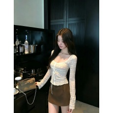 批发Cher 巧儿【法蕾Bunny】蕾丝衫<b class='q'>女</b>秋季法式修身长袖上衣短款打底衫
