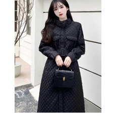 批发2024春季中长款宽松显瘦复古薄款羽绒棉衣大码菱形格棉服外套女潮