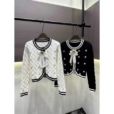 批发针织衫女装毛织撞色圆领开襟长袖针织衫蝴蝶结装饰提花针织开衫女