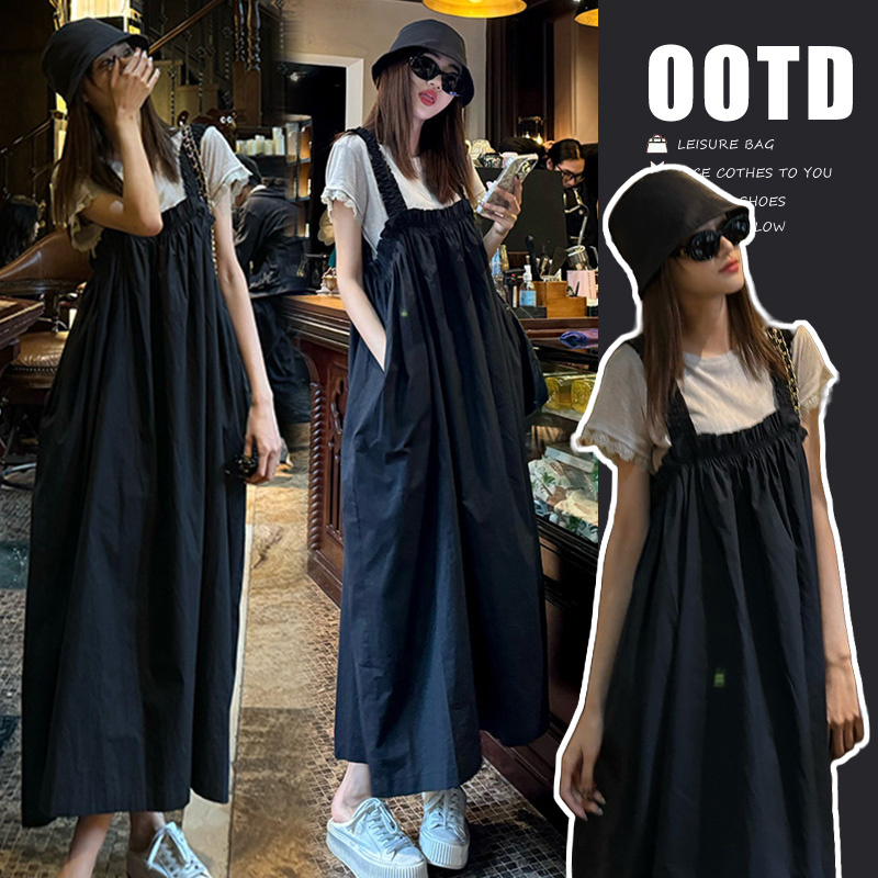 2026 여름 패션 루즈핏 출산 착용 연령 감소 캐주얼 멜빵 스커트 티셔츠 패션 드레스 투피스 세트