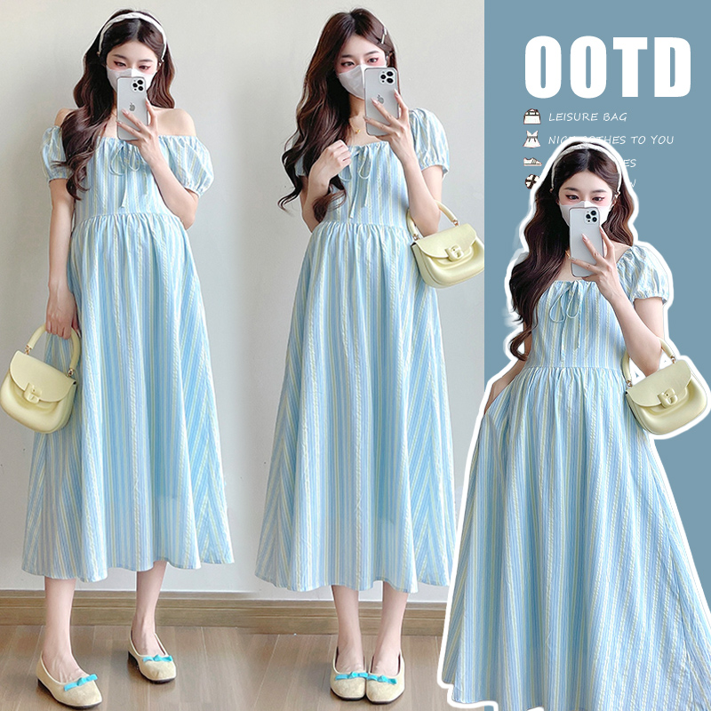 2026 여름 새로운 출산 착용 낭만주의 캐주얼 레이스업 허리 수축 롱 스커트 루즈핏 임산부 드레스