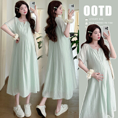 批发实拍 2026夏季新款孕妇<b class='q'>休闲</b>百搭温柔V领开扣可哺乳孕妇连衣裙