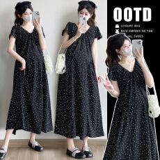 批发实拍 2026新款夏季波点气质法式浪漫<b class='q'>百搭</b>v领系带孕妇装连衣裙