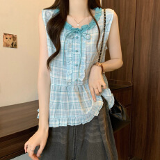 批发实拍实价 新版韩风设计感格子木耳边无袖<b class='q'>娃娃</b>衫衬衫