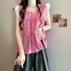批发实拍实价 新版韩风设计感格子木耳边无袖<b class='q'>娃娃衫</b>衬衫