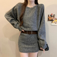 批发实拍实价 新版韩风设计感慵懒风一字肩高级针织<b class='q'>连衣裙</b>包臀裙