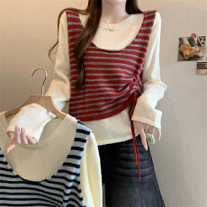 批发实拍实价 新版韩风设计感两件套叠穿针织条纹背心毛衣