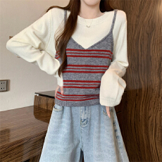 批发实拍实价 新版韩风设计感两件套叠穿针织条纹背心毛衣