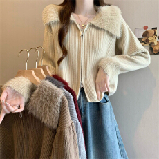 批发实拍实价 新版韩风设计感水貂毛拼接毛衣短款开衫外套