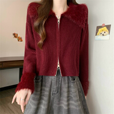 批发实拍实价 新版韩风设计感水貂毛拼接毛衣短款开衫外套