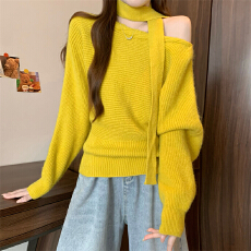 批发实拍实价 新版韩风设计感一字肩长袖针织衫毛衣